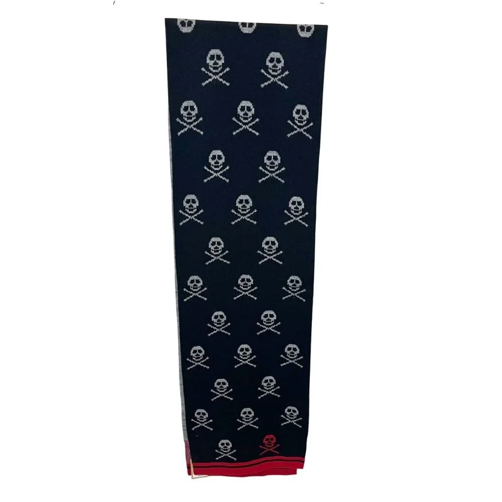 NEW Johnston & Murphy Black‎ Skull & Cross Bones Rectangle Knit Scarf